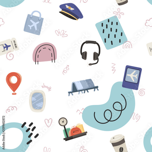 Airport travel seamless pattern set featuring headset bench bag marker porthole airplane location scale takeaway cup cap drink ticket baggage