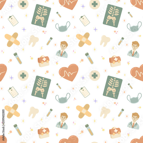 Medicine health care seamless pattern set featuring bandage tooth doctor x ray heart cardiogram mask card test tube bag stethoscope