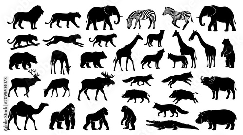 Canvas Print Black wild animal silhouette set with safari wildlife vector collection isolated