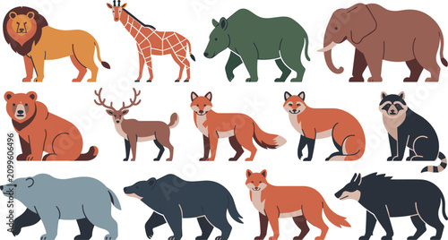 Photography Wild Animals Vector Flat Character Collection Featuring Lion Elephant Bears Fox