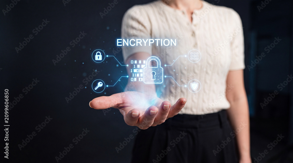 Obraz premium Encryption Cybersecurity Hologram Held by Businesswoman