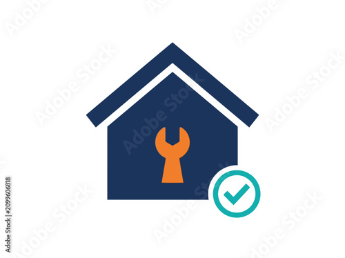Professional House Repair and Maintenance Service Icon with Wrench and Checkmark Symbols for Home Improvement