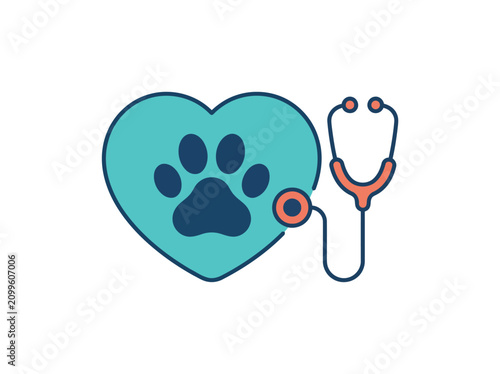 Veterinary Clinic Icon with Animal Paw Print Heart and Medical Stethoscope for Pet Care Branding