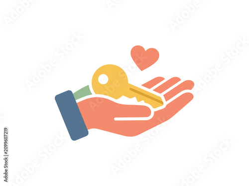 Hand holding a gold key with heart icon for real estate and home ownership concept flat vector illustration