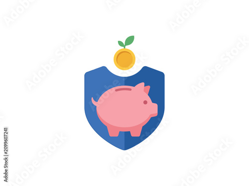 Financial Protection and Wealth Growth Concept with Piggy Bank inside Blue Shield and Gold Coin Icon