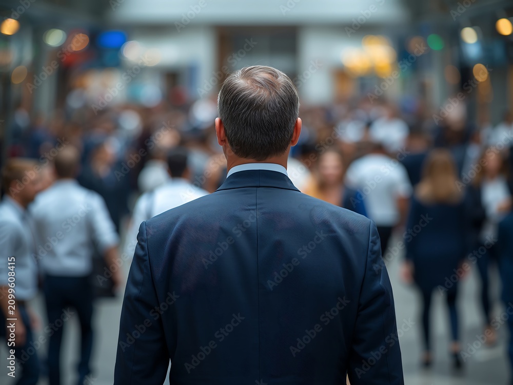 Fototapeta premium Generative AI depicts a professional man observing a busy crowd in an urban environment