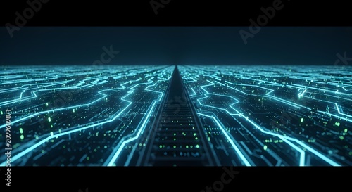Digital blue glowing circuit board pathways toward horizon