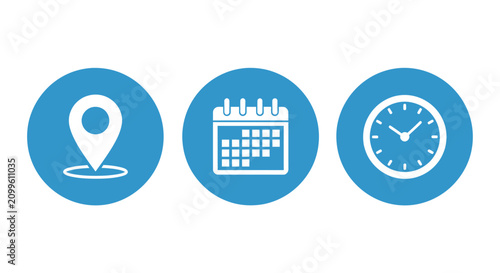 Location Pin Calendar Time Icons Indicating Scheduling and Planning.