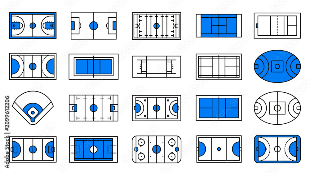 Fototapeta premium Minimalist collection of various sports field and court top-down icons in blue and white line art style, illustrating athletic facility planning and provides assets for sports branding