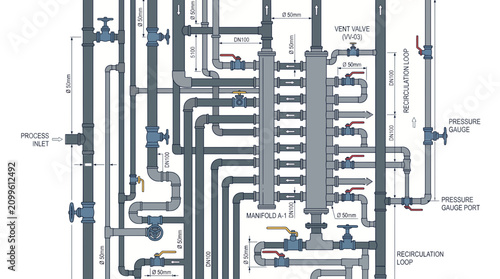 Detailed technical diagram showing complex industrial piping system with manifolds and valves on a white background, illustrating mechanical engineering and plumbing system design