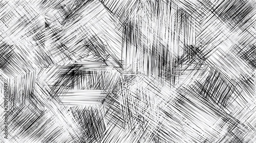 Chaotic geometric hatching, abstract mixed directional pencil lines, seamless monochrome background