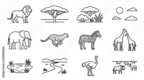 Bild auf Leinwand Dynamic Black and White Line Art Set of African Wildlife and Scenery Icons Featu