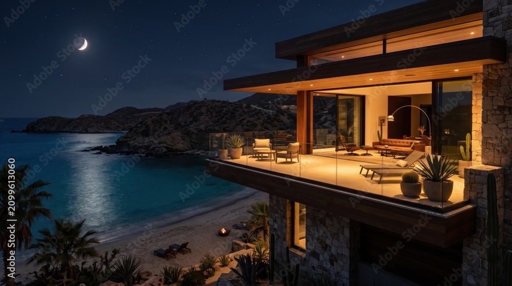 Fototapeta premium Modern coastal villa terrace overlooking bay at night
