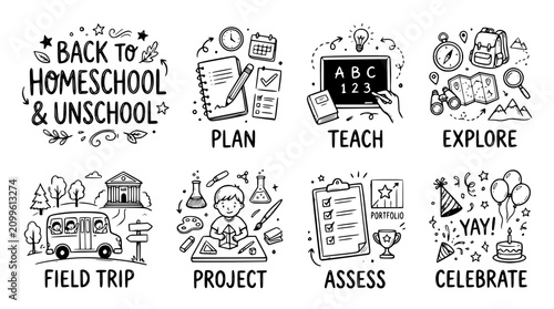 Hand drawn homeschool unschool icons plan teach explore field trip project assess celebrate, black ink sketch vector illustration