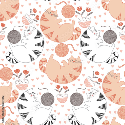 seamless pattern with cats and knitted