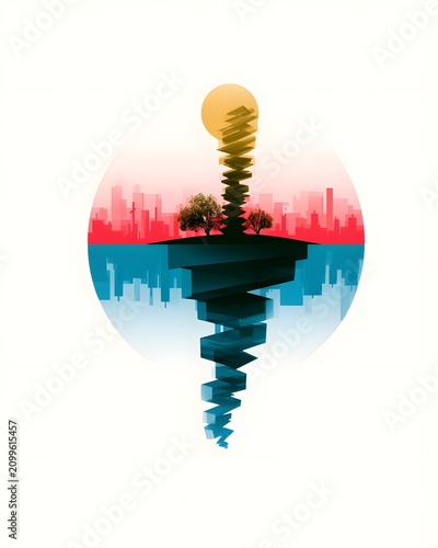 Conceptual Floating Island and Spiral Building with Cityscape Reflection in Surreal Modern Art Style