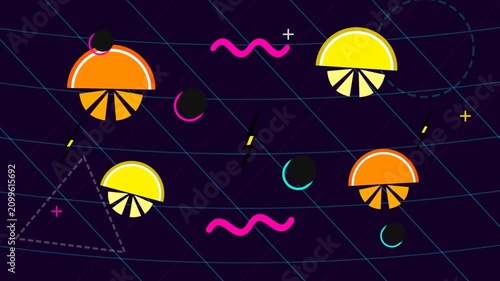 Abstract Retro Memphis Animation with Stylized Orange and Lemon Fruit