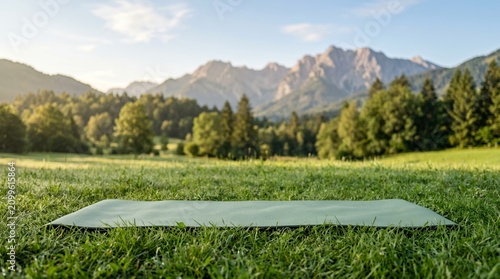Yoga Mat on Grassy Field with Mountain Landscape Background.
