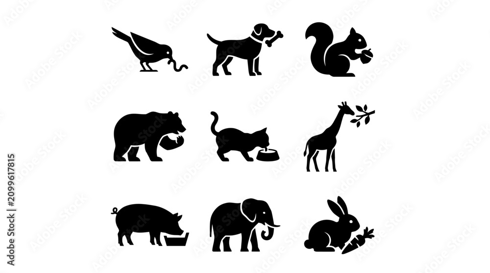 Fototapeta premium Black silhouettes of various wild animals.