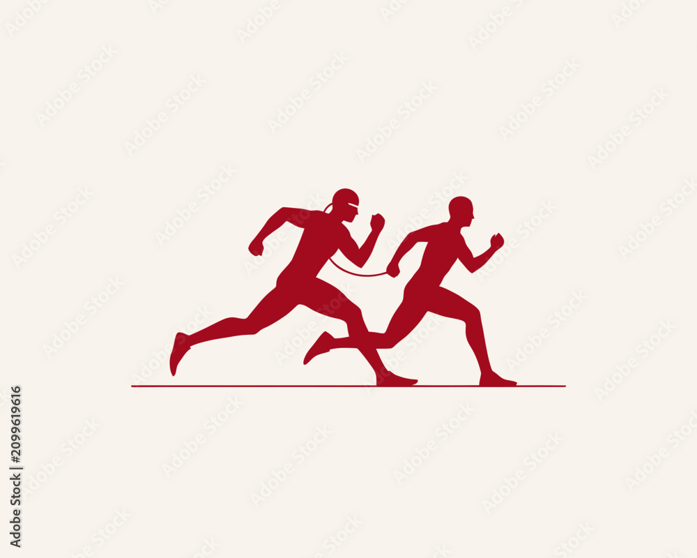 Obraz premium Symmetrical silhouette illustration of two male athletes running a sprint race highlighting posture and competitive alignment in red