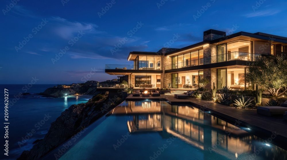 Obraz premium Modern ocean cliff villa with infinity pool at night