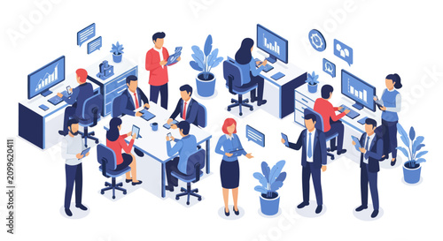 Business team collaborating in a modern isometric office.