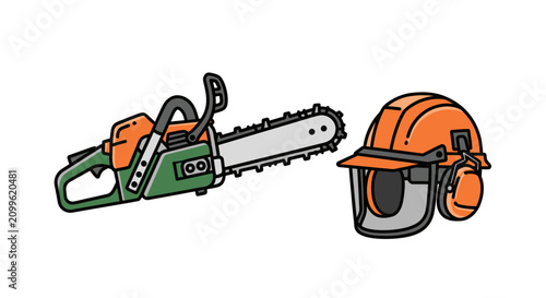 Illustration of a professional chainsaw and protective logging helmet with ear muffs.