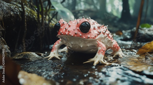 A strawberry rain frog captured in its natural habitat displaying unique coloration