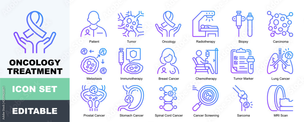 Naklejka premium Oncology Treatment Icon Pack Featuring Patient, Tumor, Radiotherapy, Carcinoma, Metastasis, Immunotherapy, Breast Cancer, Chemotherapy