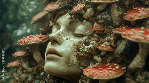 Surreal portrait of a woman merged with forest mushrooms, evoking a mystical connection to nature and dreamlike serenity