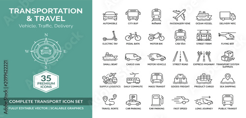 Transportation icon set. Travel and vehicle related line icons: car, bus, train, airplane, ship, truck, scooter, bicycle, traffic, delivery and more. Editable stroke. 