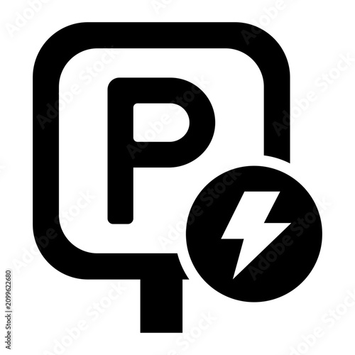 parking glyph icon. P sign post with lightning bolt badge beside it. used to mark electric vehicle charging parking space. electric vehicle and green energy