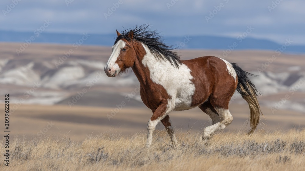 Obraz premium Majestic Pinto Stallion Galloping Through a Sunlit Meadow with Distinct Markings