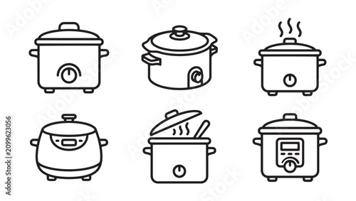 Cooking slow cooker and multicooker kitchen appliance outline icons with multicooker appliance kitchenware electric household casserole culinary technology equipment illustration collection
