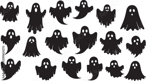 Foto Spooky ghost silhouettes, 18 icons set isolated on Transparent Background
