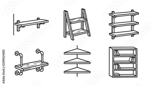 Black and white line art collection of assorted wall shelving units and storage bookcases with shelving furniture bookcase interior decoration brackets industrial organizer stepladder