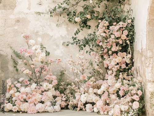 Elegant Floral Display on Weathered Wall for Wedding or Event Decor