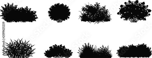 Tableau sur toile Garden bushes and shrubbery vector silhouettes set featuring wild grass hedges a