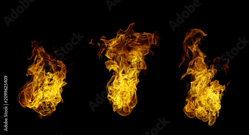 Fotografie Collection of realistic fire flames isolated on black background, featuring blazing fire, burning heat, flame elements, combustion effects, and high temperature for design, VFX, overlays