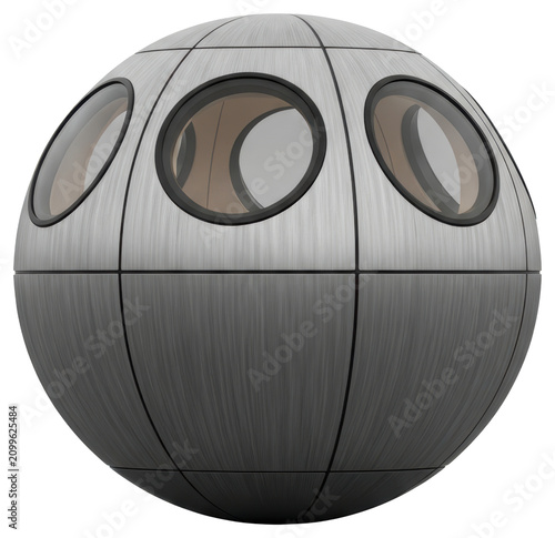 Futuristic metallic spherical transport pod with a sci-fi design with transparent backdrop