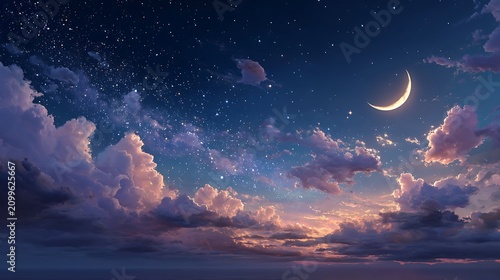 Magical night sky with crescent moon. glowing stars. and dramatic colorful clouds over calm ocean