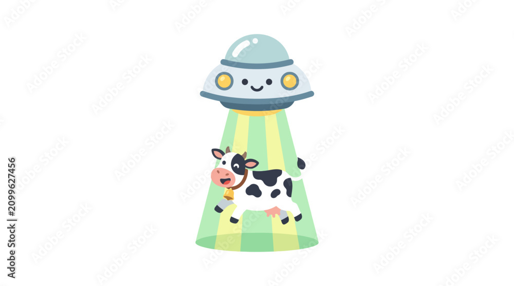 Fototapeta premium Cute Cartoon UFO Abducting a Happy Cow Illustration