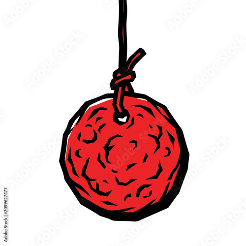 Hand-drawn vector illustration of a red Indonesian kerupuk (cracker) hanging on a string, a traditional game for Independence Day celebrations, isolated on white.