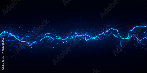 Cuadro en lienzo Abstract horizontal electric blue lightning line with sparks on a black backgrou