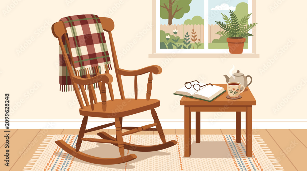Fototapeta premium Cozy Home Interior Scene with Wooden Rocking Chair and Tea for Reading