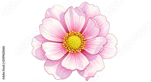 Pink flower illustration on clean white background with botanical, illustration