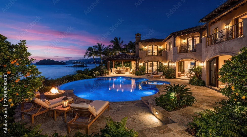 Fototapeta premium Mediterranean style villa with arched windows and pool by the bay