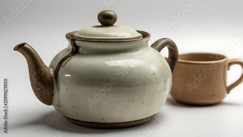 Old and used tea pot on white background