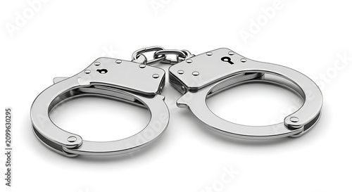Metallic handcuffs isolated on white background with handcuffs, security