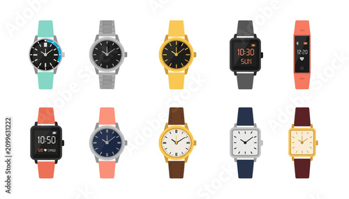 Принти на полотні Wristwatches featuring diverse designs and vibrant colors sit arranged in a organized grid